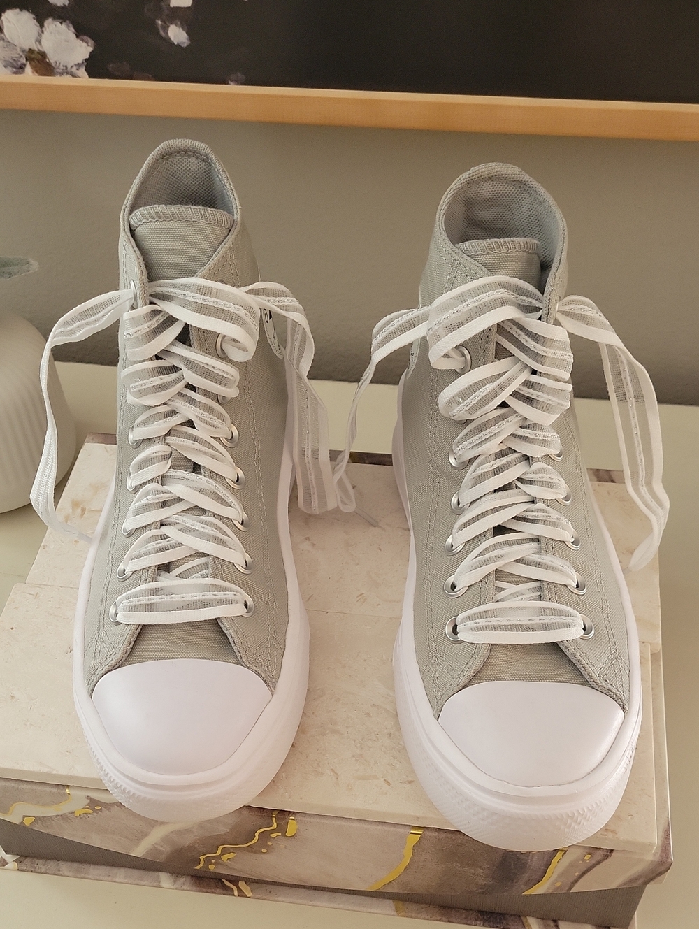 Converse Light Gray Platform High-Top Sneakers with White Wavy Soles